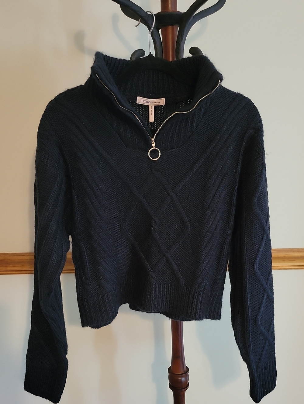 BCBGeneration Cable Knit Cropped Mock Neck Quarter Zip Sweater Charcoal S